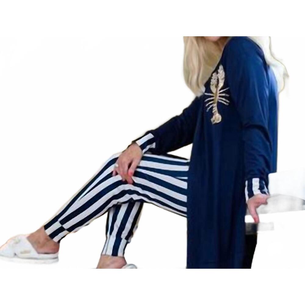 NEW LAINES LONDON lobster pajama set with robe in navy & white